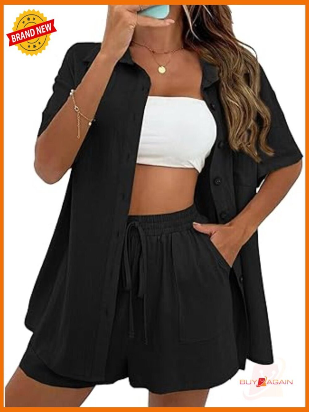 Women's 2 Piece Short Sleeve Button Down Shirt and Shorts Set